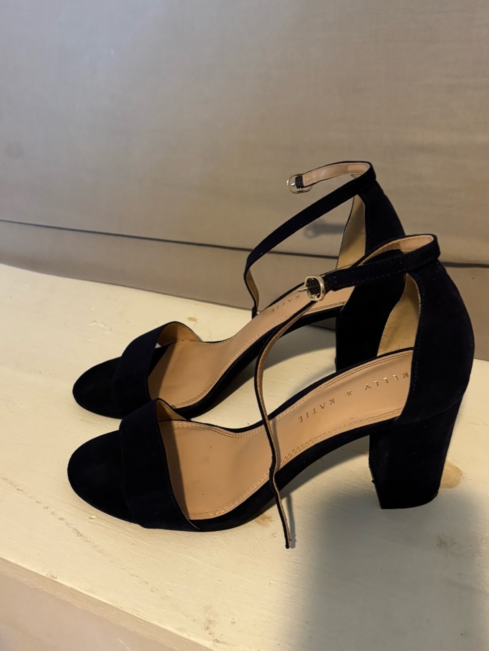 Kelly & Katie Navy Blue Suede Ankle-Strap Block Heels